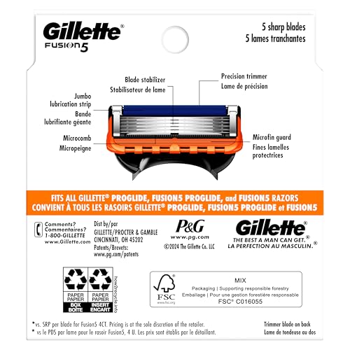 Gillette Fusion5 5-Blade Mens Razor Blade Refills, 12 Count, with Precision Trimmer