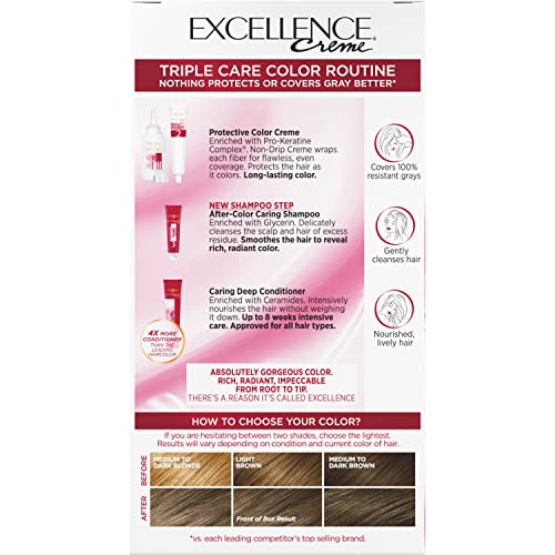 L'Oreal Paris Excellence Crème Permanent Hair Dye, Triple Care Hair Color with Hyaluronic Acid for 100% Gray Coverage, 6A Light Ash Brown, 1 Kit (Packaging May Vary)