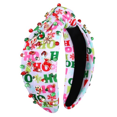 PHALIN Christmas Holiday Headband for Women Christmas Accessories Reindeer Snowflake Candy Cane Knotted Headband Red Green Beaded Rhinestone Pearl Wide Top Knot Headband Xmas Plaid Hairband (HOHOHO)