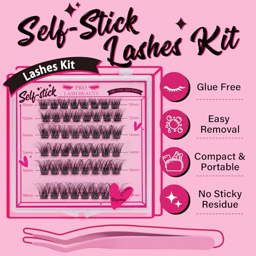 Self Adhesive Eyelashes 48Pcs Lash Clusters Press On Lashes Self Stick Cluster Lashes Pre Glued Eyelash Clusters No Glue No Remover Needed Easy to Apply Save Time (Begonia,D-10-18mix)