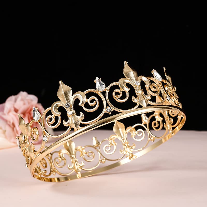 Royal Full King Crown Metal Crowns And Tiaras For Men Cosplay Prom Party Decorations Crown Headpieces Accessories (Gold)