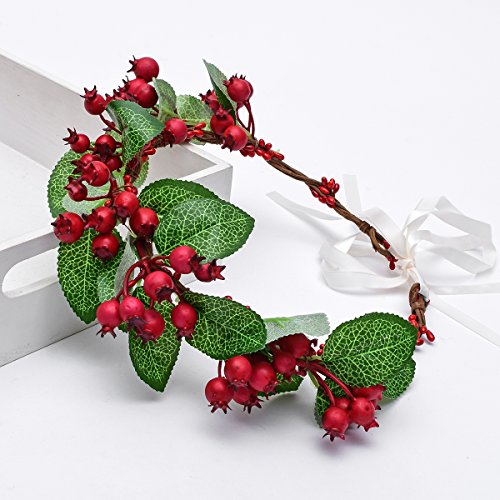 Floral Fall Flower Crown Vintage Nature Berries Festival Woodland Wedding Headband HD-02 (Christmas Red)