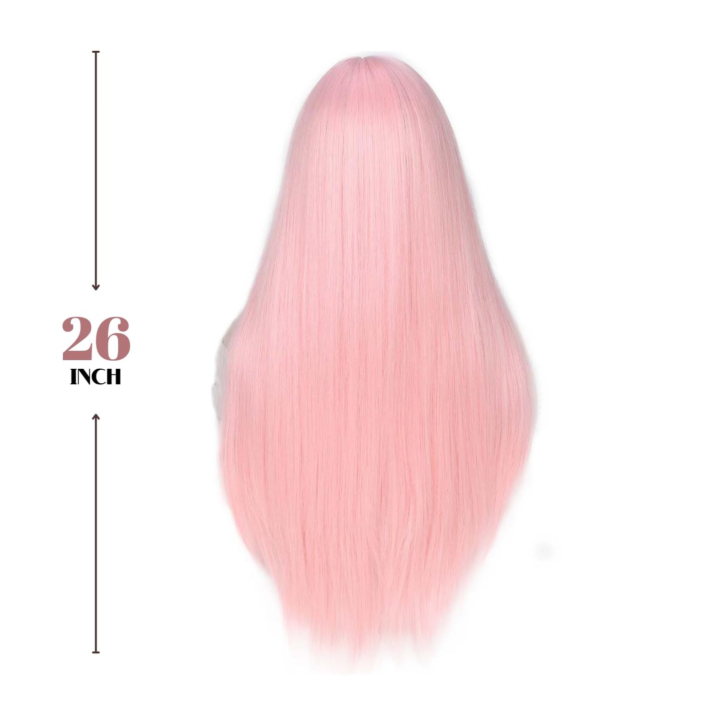 FANCEE Pastel Pink Wig with Bangs Long Straight Wig with Blunt Bangs for Women 26 Inch Synthetic Sakura Pink Wig with Layered Ends for Cosplay Halloween Party Daily Use