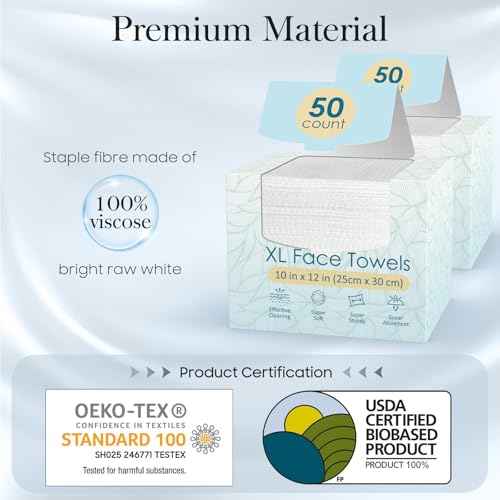 100 Count (2 Box) XL Disposable Face Towels 10¡± x 12¡±, 100% Viscose Fibre, Soft & Skin Friendly Face Towelettes Disposable, Facial Tissue Wipes for Women Cleansing