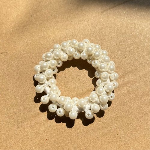 Handmade Pearl Hair Tie Elastic Beaded Scrunchie with Gold Thread Accents