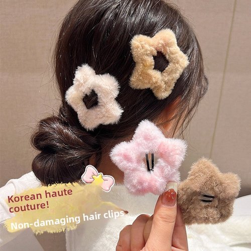 Handmade Korean Plush Star Hair Clip Soft Fluffy Duckbill Clip for Women
