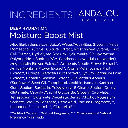Andalou Naturals Face Mist, Moisture Boost Facial Spray with Hyaluronic Acid & Collagen, Hydrating & Moisturizing Skin Care for Dry and Dehydrated Skin, 6 fl oz