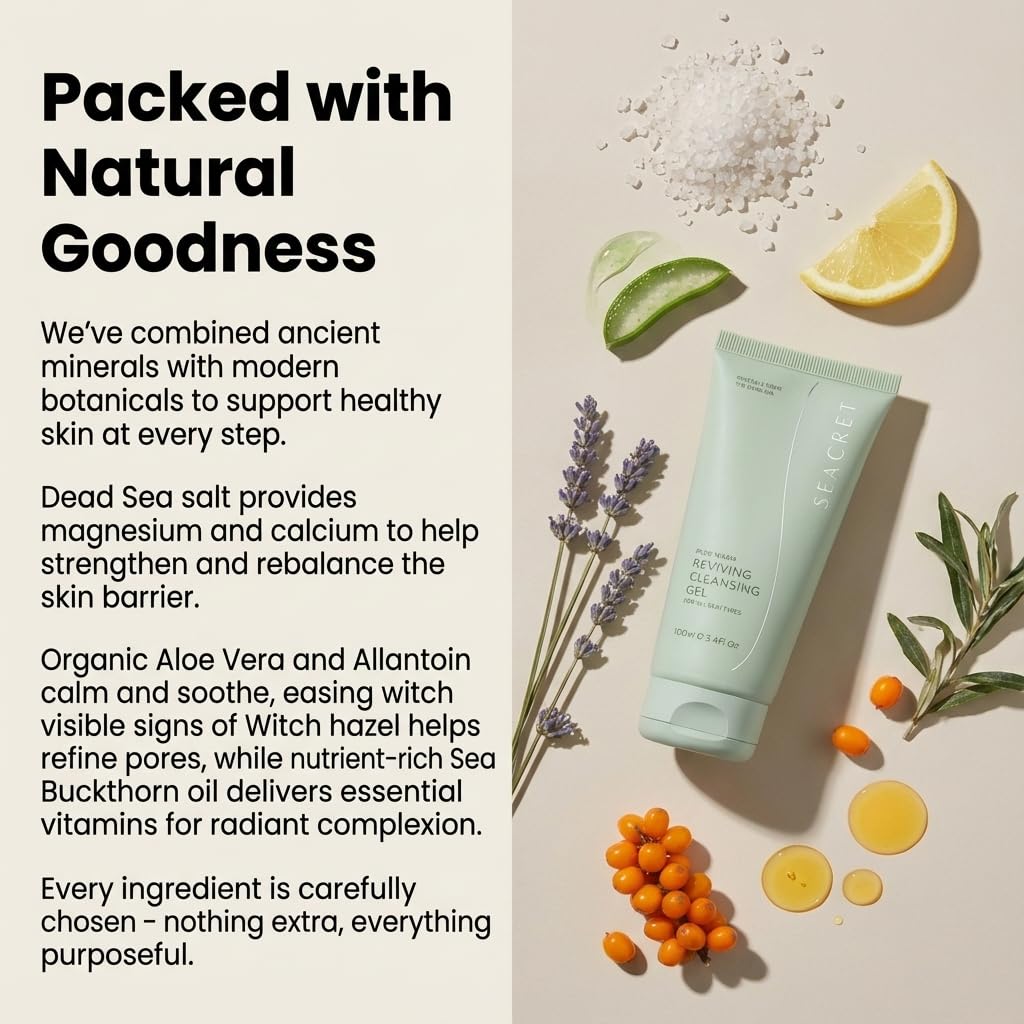SEACRET Dead Sea Cleansing Gel - Hydrating Foaming Facial Cleanser with AHAs & Minerals, 3.4 fl oz