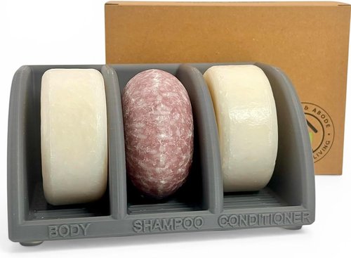 Essence & Abode Shampoo Bar Holder - 3-Slot Soap & Conditioner Organizer with Drainage | Modern Dark Gray Bathroom Storage