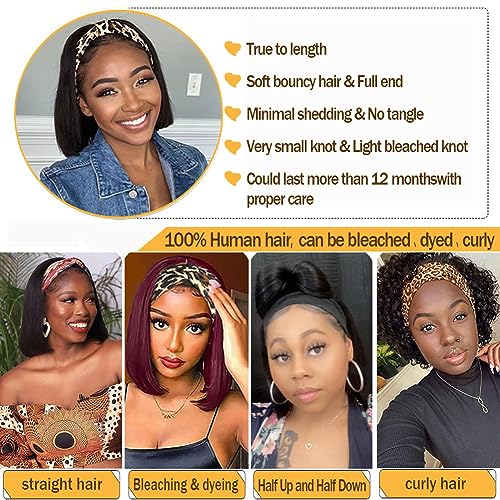 Straight Bob Headband Wig Human Hair None Lace Wigs for Black Women Glueless Short 100% Brazilian Virgin Head Band Easy to Install Half with Free