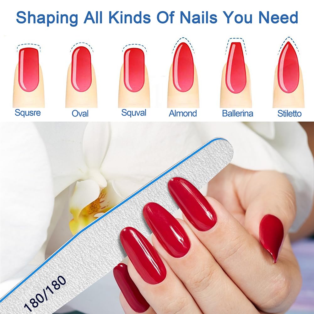 Skiennix Nail Files - 12pcs Double-Sided Emery Boards for Acrylic Nails | 180/180 Grit, Washable Manicure Tools