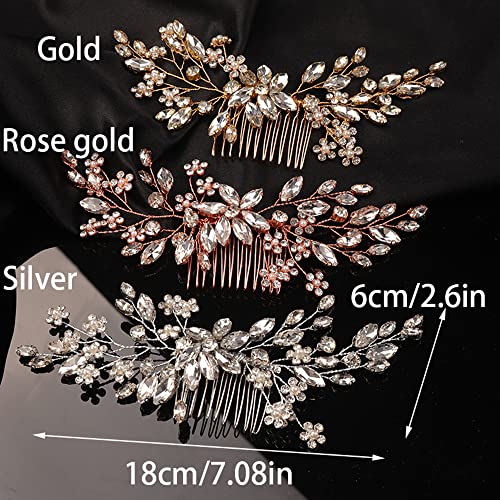 Teyglen Rhinestone Flower Bride Wedding Hair Comb Headband Crystal Hair Pieces Headpieces with Rhinestones Hair Accessories Handmade Bridal Side Hair Combs for Women Bride Girls (Gold)