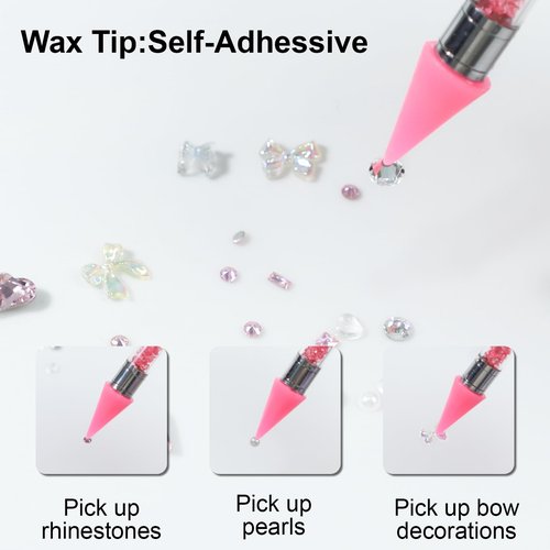 OIFEN Rhinestone Picker Tool,2 Wax Pencil for Rhinestones, Dual-Ended Rhinestone Applicator Wax Pen Gem Picker Tool with 6 Extra Wax Tips and 2 Tweezers (Pink+White)