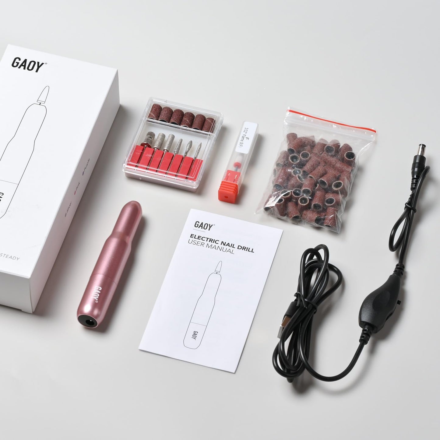 GAOY Electric Nail Drill for Acrylic and Gel, USB Electric Nail File, Portable Efile with Drill Bits, Manicure Pedicure Tools for Home Salon, Pink