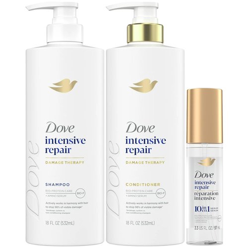 Dove Shampoo, Conditioner & Serum Set, Intensive Repair – Damage Therapy Bio-Protein Care Formulas for Restoring Dry, Damaged Hair (3 Piece Set)