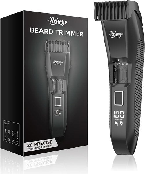 REHOYO Beard Trimmer for Men - Professional Cordless Hair Clippers with 20-Length Dial | Waterproof Stainless Steel Blades, Black