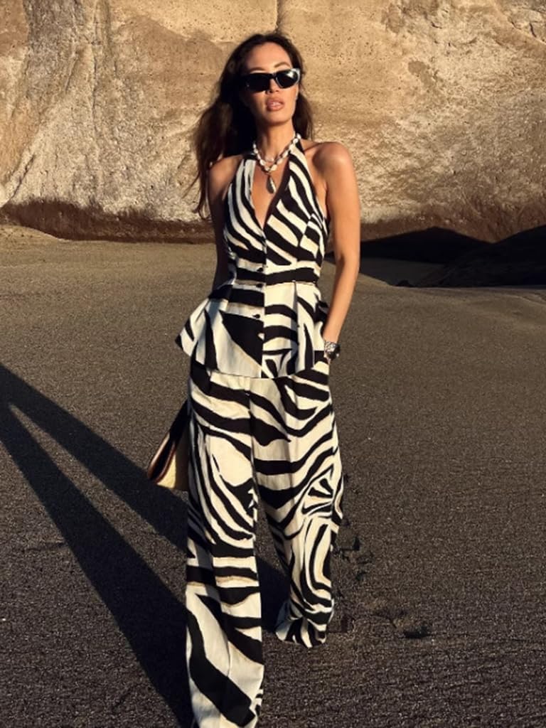 Skiennix 2-Piece Zebra Print Outfit - Halter Top & Wide Leg Pants for Summer Vacations