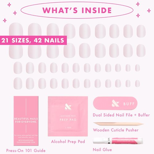 Olive & June Instant Mani Press-On Nails (Glue) | 42 Fake Nails, 21 Sizes | Non-Toxic, Long-Lasting Recycled Materials Realistic Look | Spring Flowers & Patterns | Extra Short, Round |Strawberry Scone