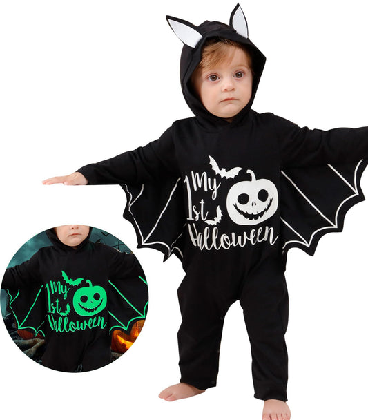 Goodstoworld Halloween Baby Bat 0-3 Month Boy Pumpkin Rompers Newborn Infant Black Long Sleeve Clothes Gender Neutral Glow in The Dark Bodysuit Gift