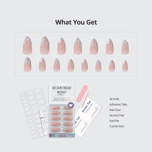 BTArtbox French Tip Press On Nails - Lamp-Curable 3D Sculpting Medium Almond Press On Nails with Glue for Women, Semi-Transparent Soft Gel Glue On Nails in 15 Sizes - 30 Stick On Nails Kit, Starlet