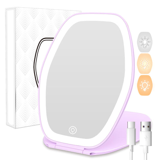 COSYGLOW Travel Makeup Mirror with Light: 3 Color Lighting Portable Mirror with Touch Screen Rechargeable Adjustable LED Lights Vanity Hexagon Mirror for Travel, Desk, Home (Purple)