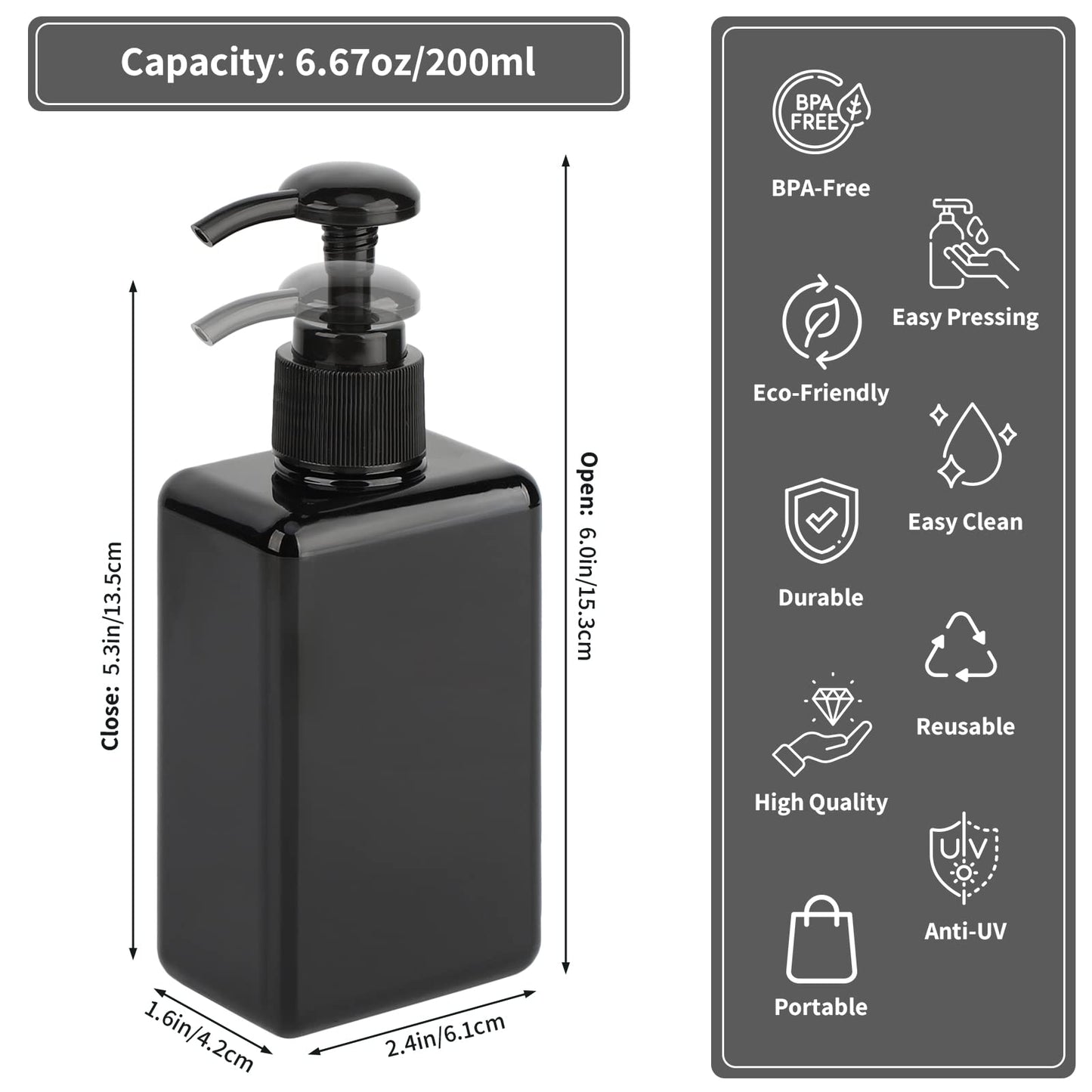Segbeauty 4pcs Square Lotion Dispenser, 6.8oz Empty Shampoo Pump Bottles Small with Labels, 200ml Refillable Portable Plastic Press Bathroom Shower Dispenser Liquid Soap Containers for Travel Black