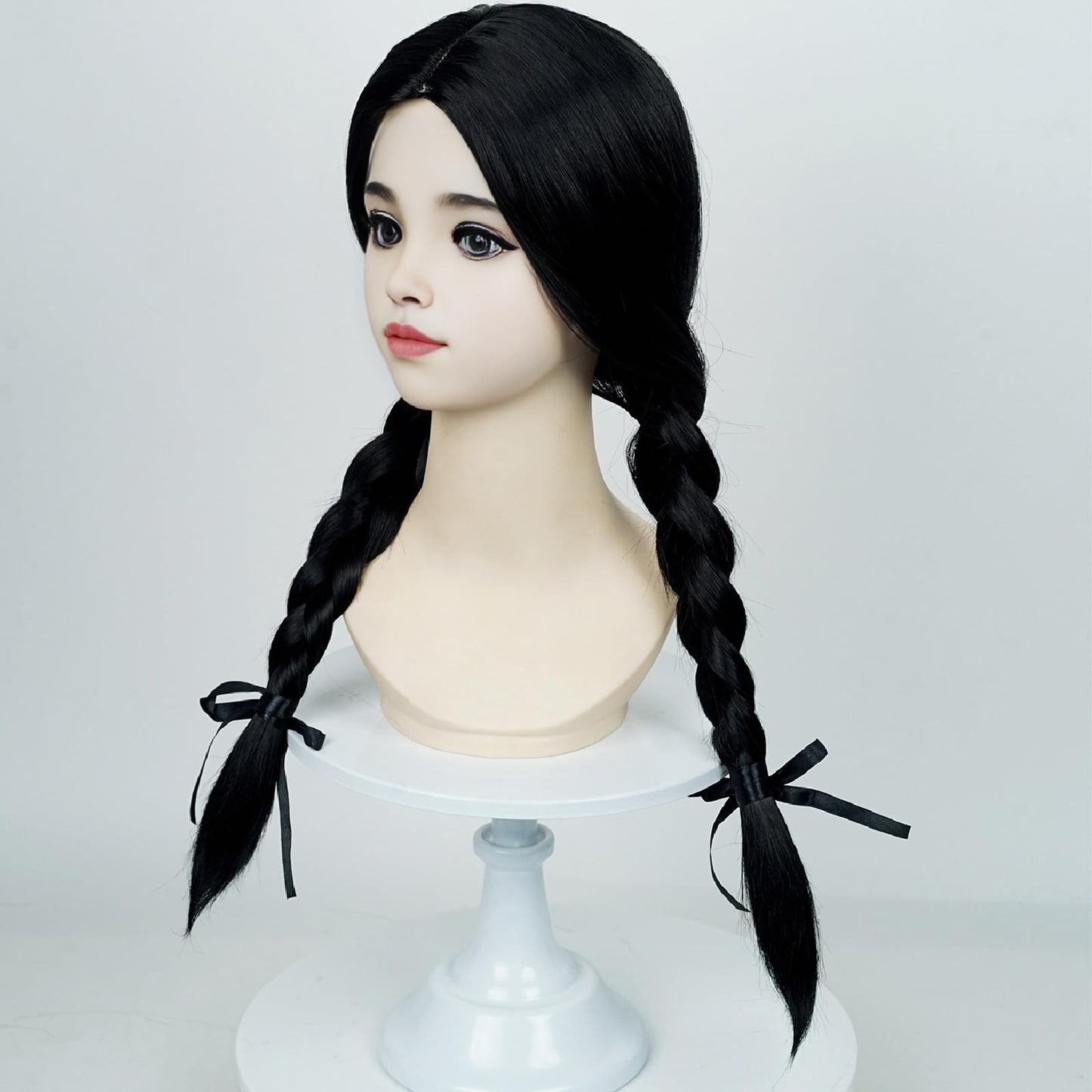 Wednesday Wig for Kids Girls, Black Braided Wig with Ribbons Wig Cap, Long Straight Middle Parting Synthetic Hair Wig for Halloween Costume Cosplay