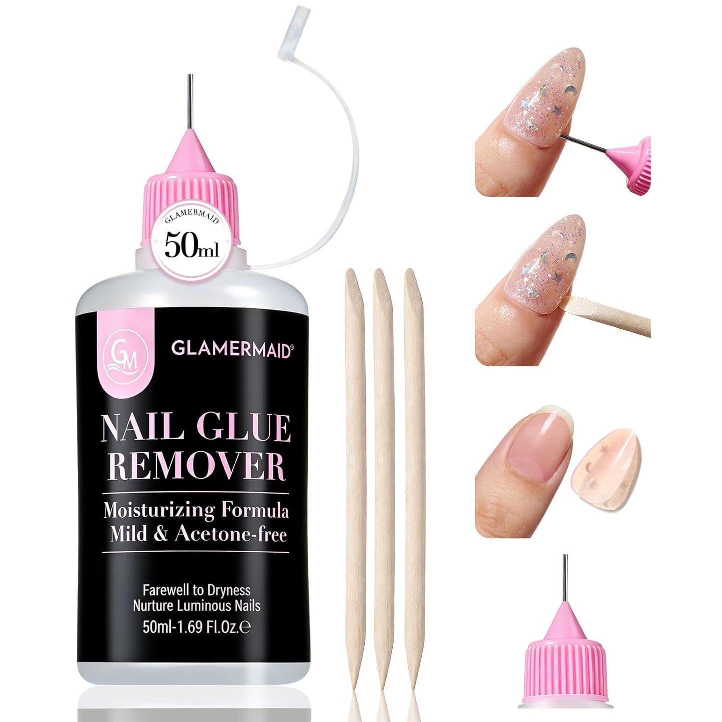 GLAMERMAID 50 ml Pinpoint Nail Glue Remover for Press on Nails Non-Acetone with 3 Orangewood Sticks, Multifunctional Gentle Glue Remover for Nails Tips Acrylic Nails Fake Nails