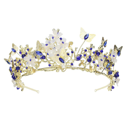 Brihasory Butterfly Queen Birthday Crowns Gold Tiaras for Bride, Crystal Royal Princess Wedding Rhinestone Headband, Costmue Party Christmas Halloween Black Prom Headpiece for Women and Girls (Blue)