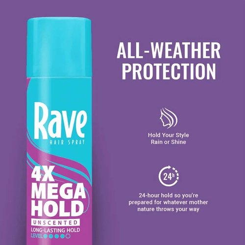 Rave 4X Mega Unscented Aerosol Hairspray - 24-Hour Hold for High Humidity - Vitamin-Enhanced Volume - 2 Pack