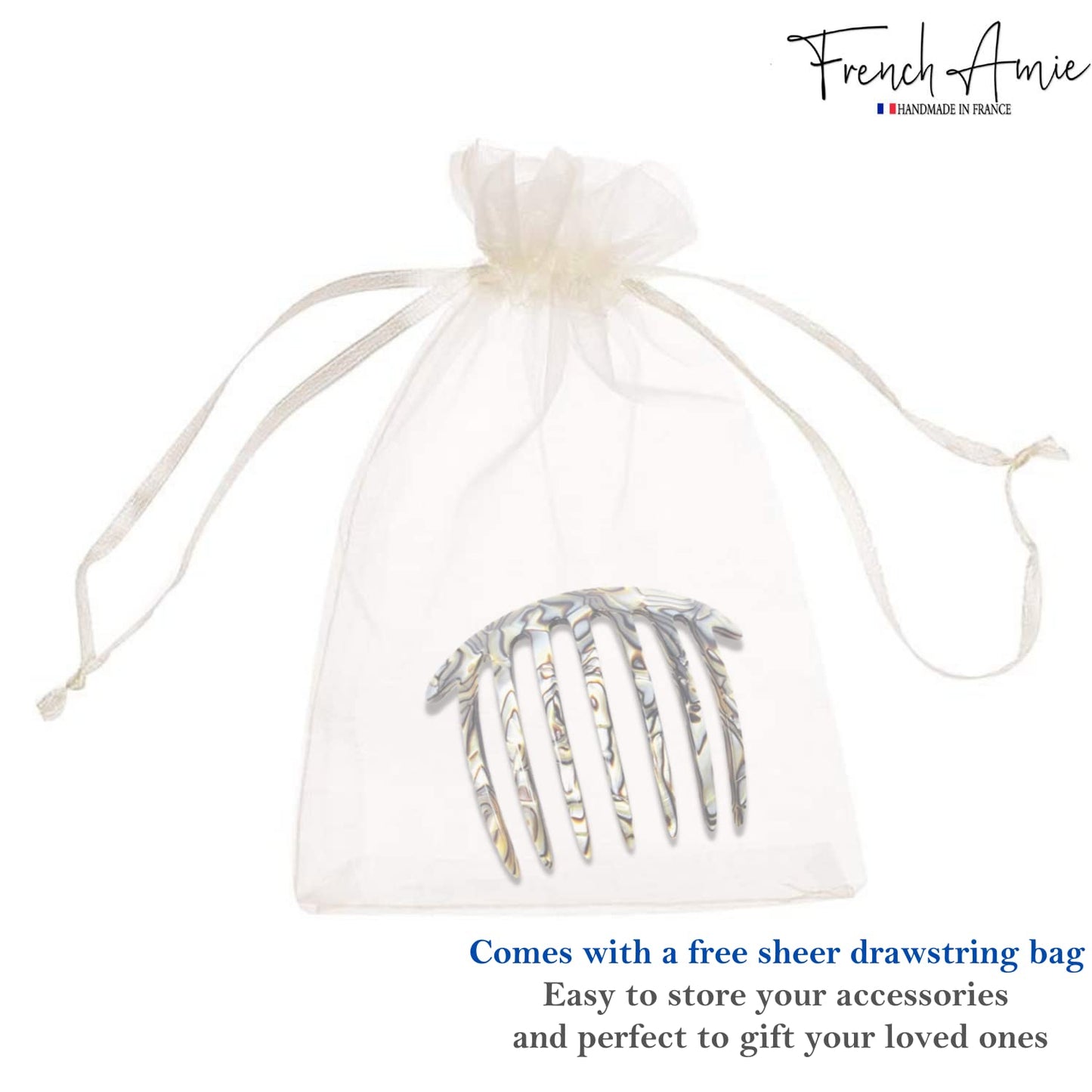 French Amie 7 Teeth Handmade Celluloid Side Hair Comb Flexible Durable Hair Combs Strong Hold Hair Clips for Women No Slip Styling Girls Paris Hair Accessories, Made in France (Silver Onyx Gray)