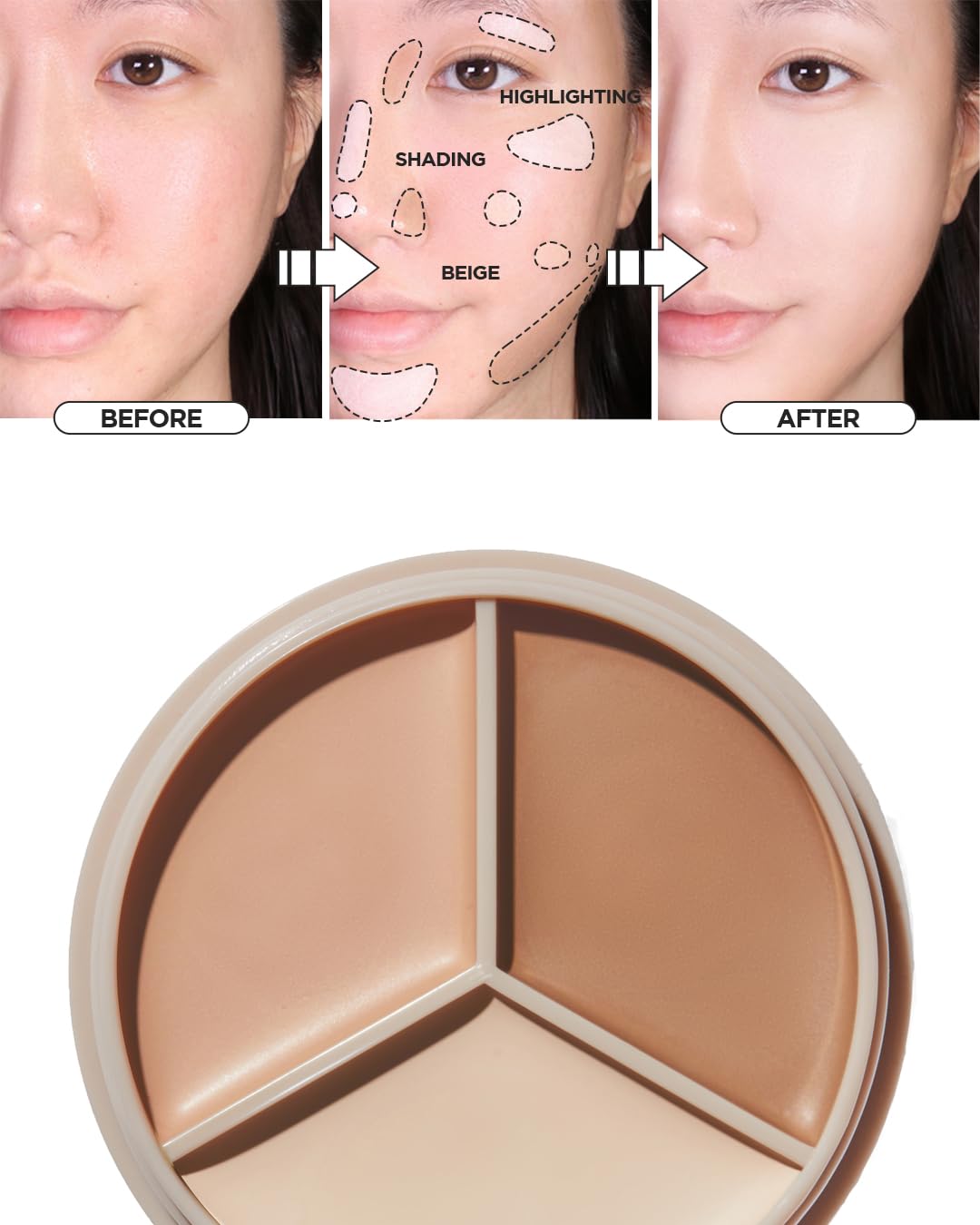 THESAEM Cover Perfection Triple Pot Concealer - 3-Color Contour & Highlight Palette - 02 Contour Beige with Sweet Almond Oil