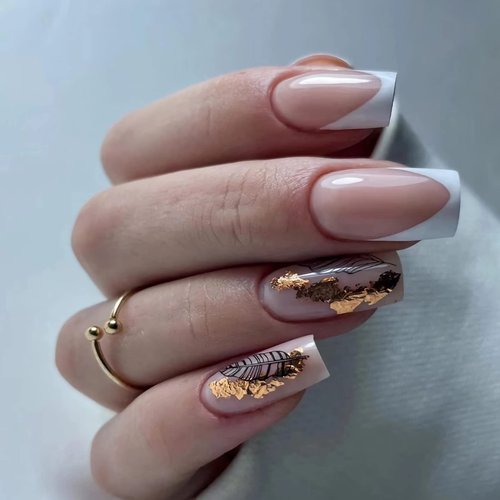 BABALAL Square Press on Nails - Medium White French Tip Glue on Nails, Gold Acrylic Squoval False Nails, 24pcs for Women & Girls