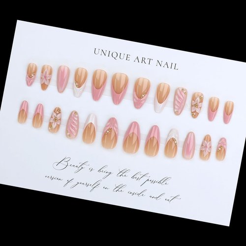 LPOODDNU 3D Pink Press on Nails Almond - Medium French Tip Fake Nails with Embossed Flower&Gold Bead Designs, Glossy Finish Reusable False Nails with Glue Tabs - 24Pcs Nail Kit for Women Manicure