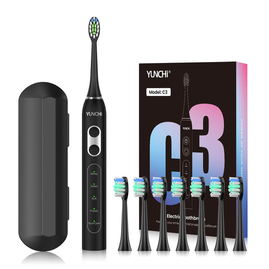 YUNCHI Sonic Electric Toothbrush for Adults, Toothbrush Electric with 8 Brush Heads, Battery Toothbrush for 55 Days, 5 Models & 2 Minutes Smart Timer, Travel Case, 44000 VPM Motor, Black