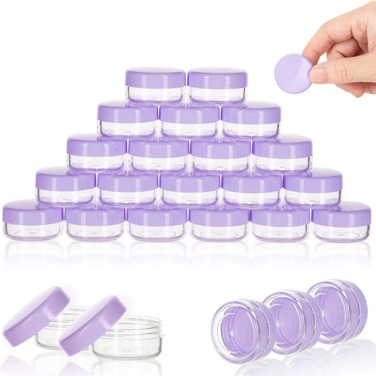 ZEJIA 3 Gram Sample Containers with Lids, 25 Count Tiny Sample Jars, 3ML Makeup Cosmetic Containers for Lip Balms, Lotion, Powder, Beauty Products(Purple Lids)
