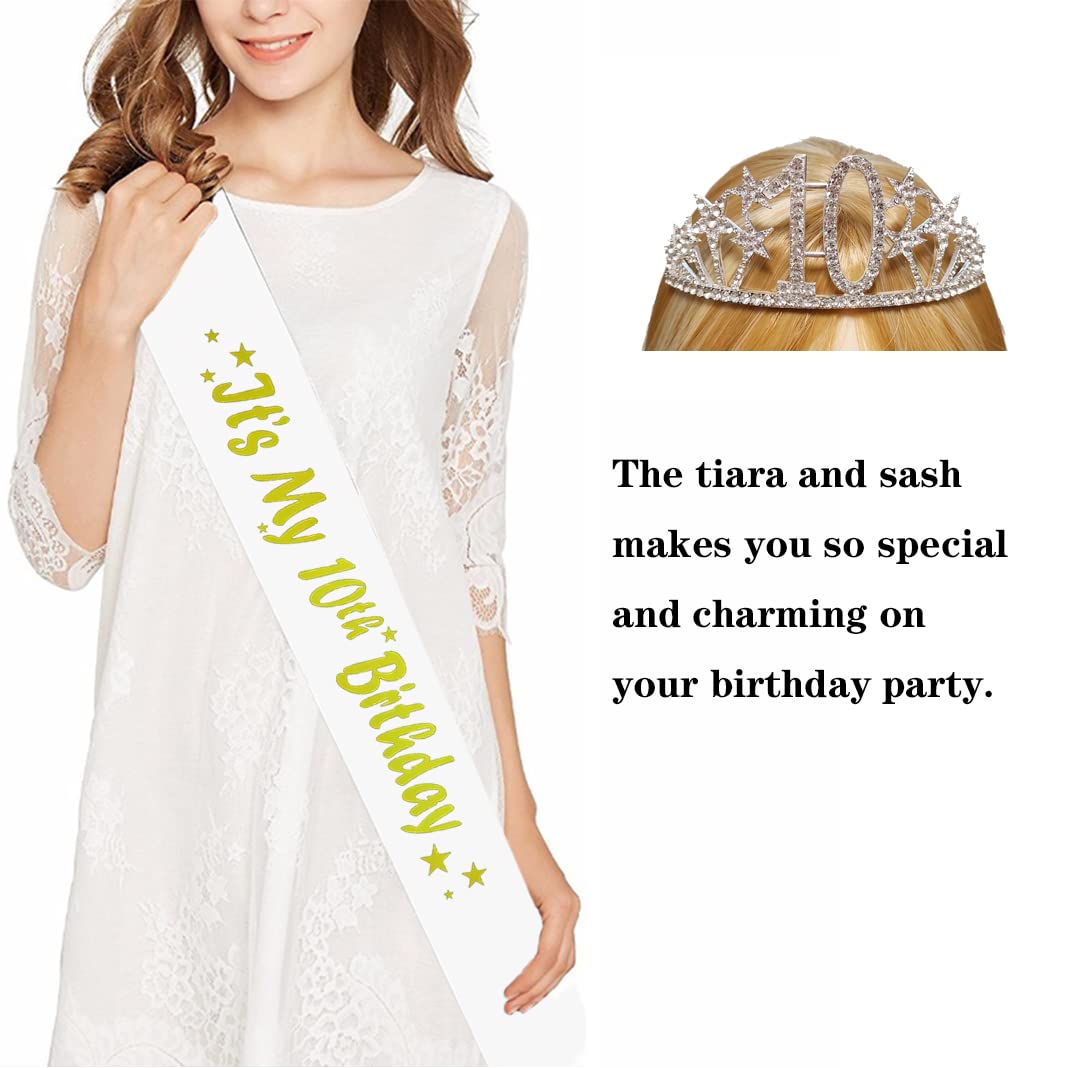 Happy 10th Birthday Tiara and Sash Gifts Crystal Rhinestone Princess Crown Birthday Girl Party Favor Supplies Silver Crowns White Sash