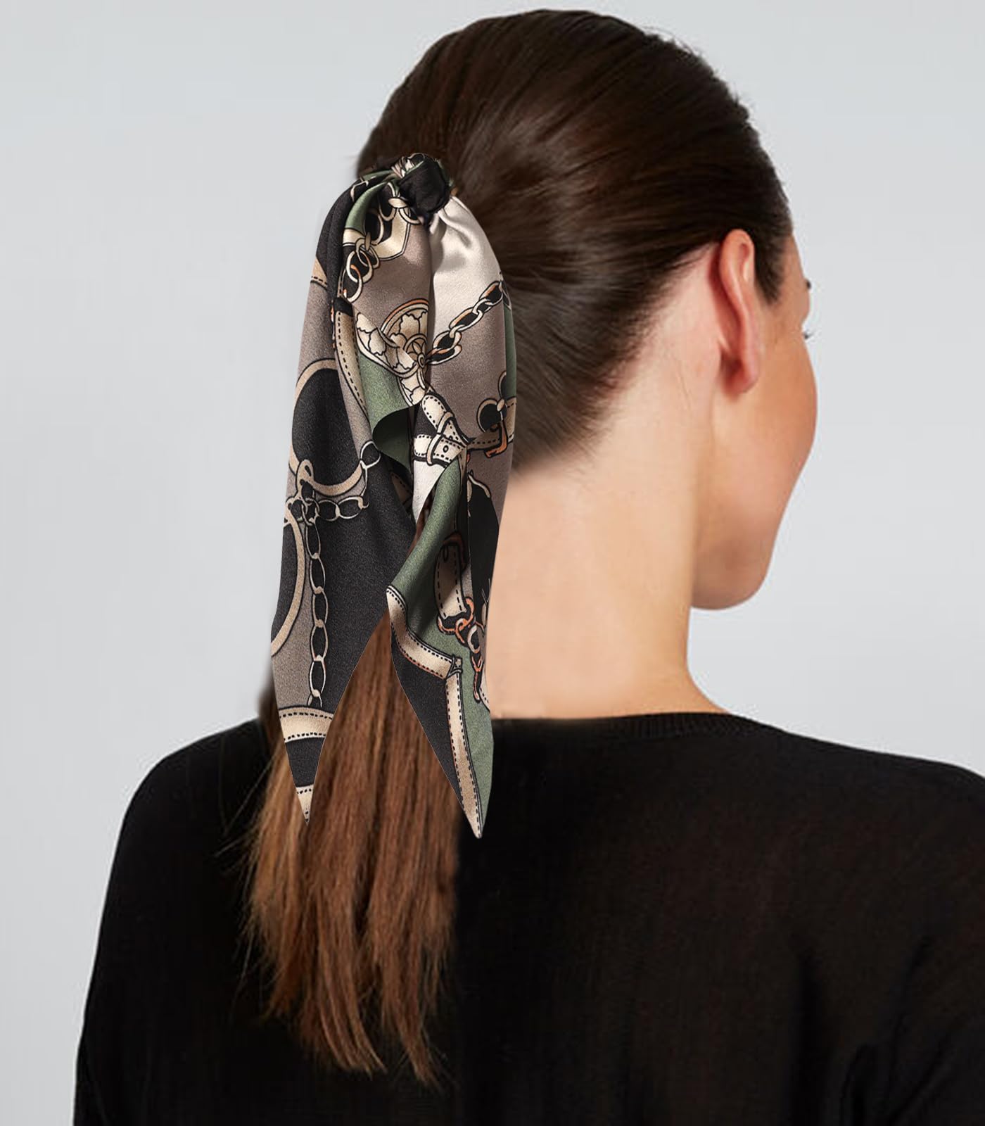 LFOUVRE 4pcs Chain Satin Hair Accessories - Ribbon Scrunchies with Long Tails, Knotted Hair Bands and Elastic Ties for Girls