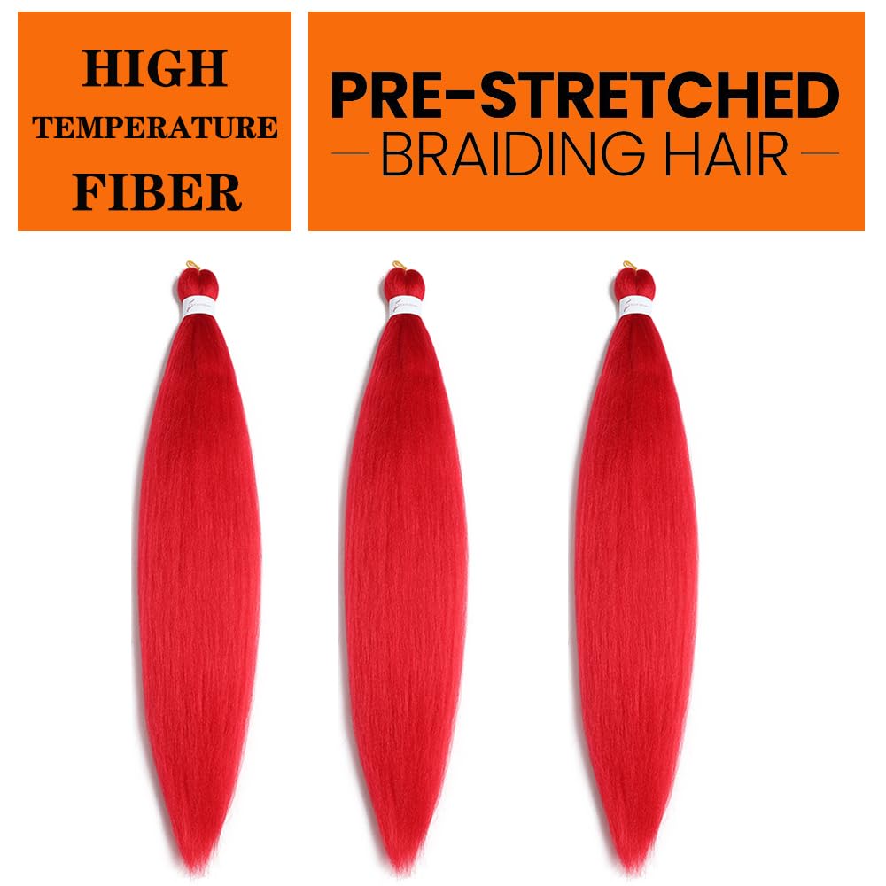 Pre Stretched Braiding Hair 26 Inch Ombre Red Kanekalon Braiding Hair Extensions Hot Water Setting Crochet Box Braids Hair (26 Inch (Pack of 3), Red)