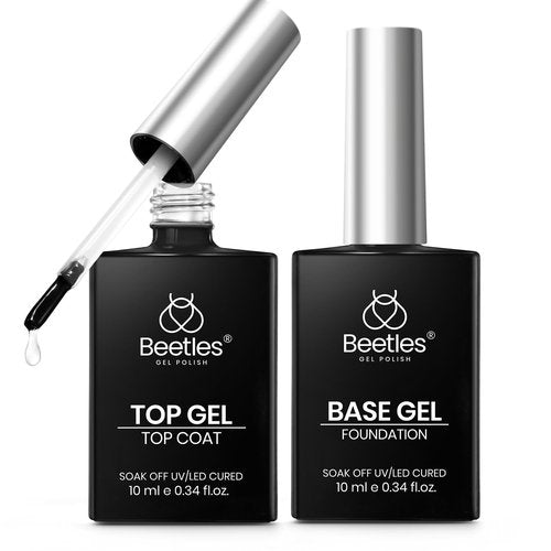 Beetles Gel Base and Top Coat Set, 2pcs 10ml Shine Finish and Long Lasting Top Coat Gel Nail Polish, Soak Off LED Nail Lamp Nail Polish Art Design Home DIY Manicure Gifts for Women