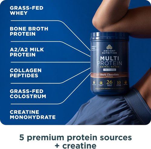 Ancient Nutrition Multi Protein Powder - 26g Protein, Grass Fed Whey & Creatine, Dark Chocolate, 15 Servings