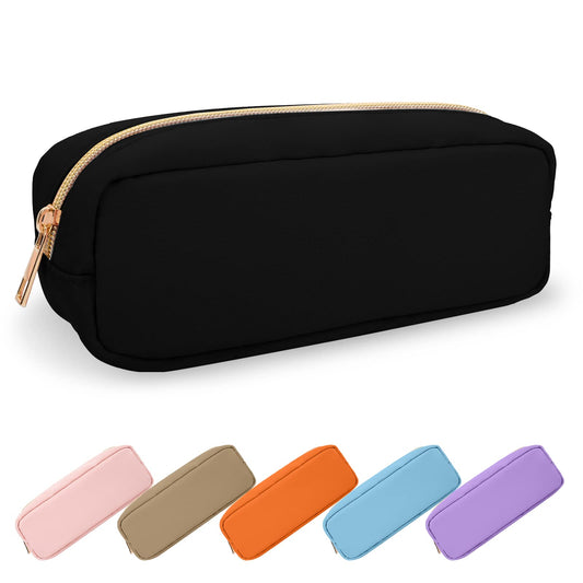 UIXIZQ Waterproof Small Pencil Case Makeup Bag for Purse,Cute Pencil Pouch Preppy Nylon Makeup Brush Holder with Zipper,Girls Portable Storage Case Small Pen Bag for Office School College(Slim-Black)