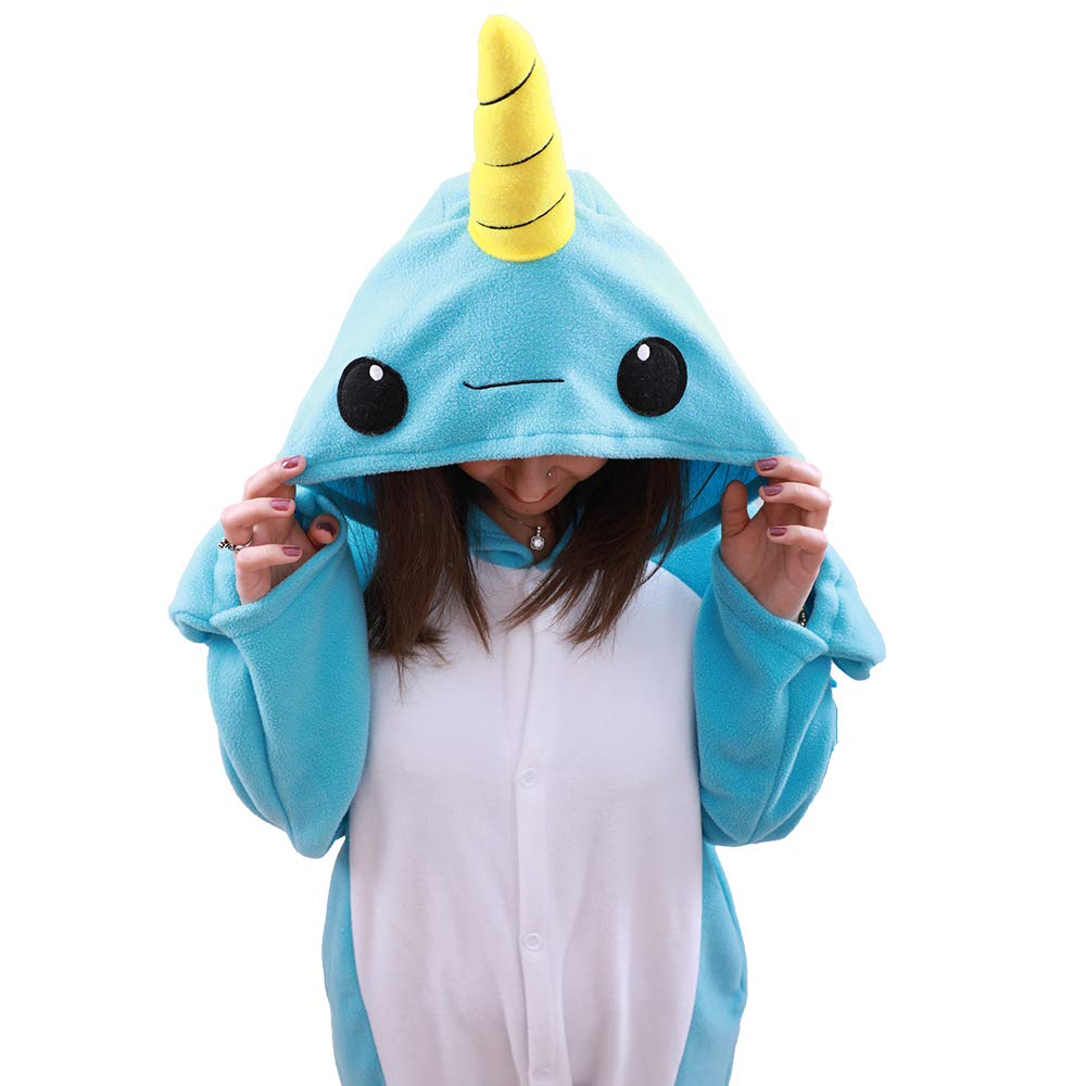 COCOPLAY W Adult Narwhal Onesie Animal Pajamas-Plush One Piece Halloween Cosplay Costume (Small, Blue)