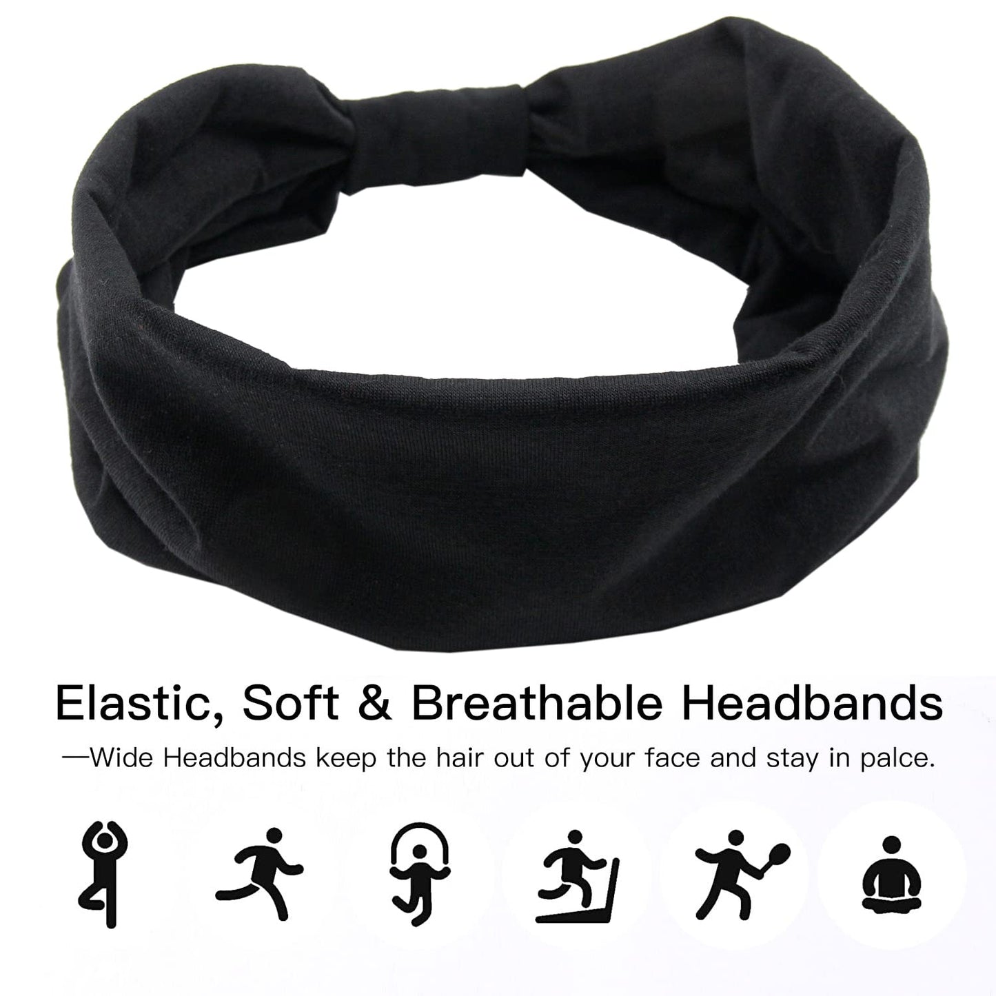 Yeshan Women's Wide Boho Knotted Non-Slip Turban Headwraps - Stretchy Bandeau Hair Bands for Sports, Yoga, Workouts, Pack of 8
