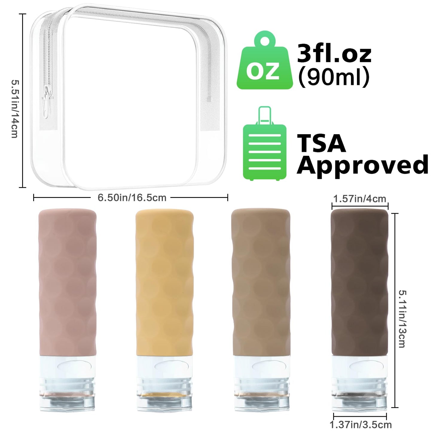 Silevoler Travel Bottles for Toiletries, 4pcs Tsa Approved 3oz Travel Size Containers, BPA Free Leak Proof Premium Silicone Bottles, Refillable Liquid Squeezable Accessories W/Toiletry Bag（Apricot）