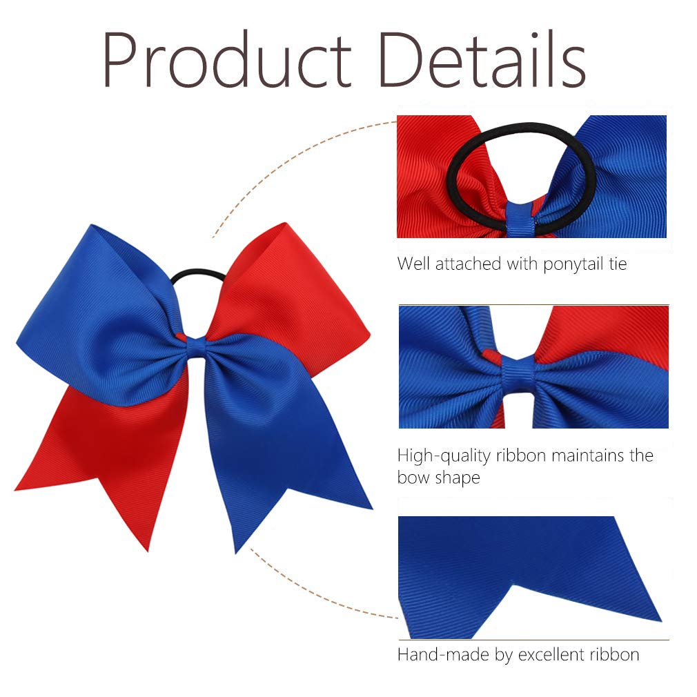 16PCS 8" Large Cheer Hair Bows Ponytail Holder Elastic Band Handmade for Cheerleading Teen Girls College Sports (Royal blue/Red, 16 Count (Pack of 1))