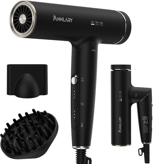 Annlary Hair Dryer - Ionic Blow Dryer with Diffuser for Curly Hair | Low Noise & Foldable Design | 6.5Ft Cord