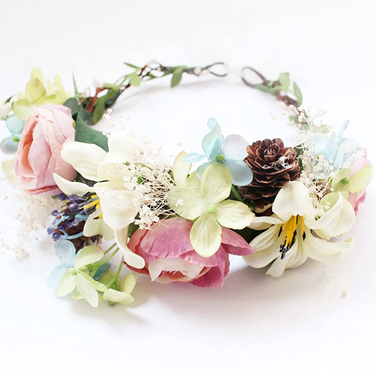 YnimioAOX Handmade Adjustable Flower Wreath Headband Halo Floral Crown Garland Headpiece,A18-pink/light green