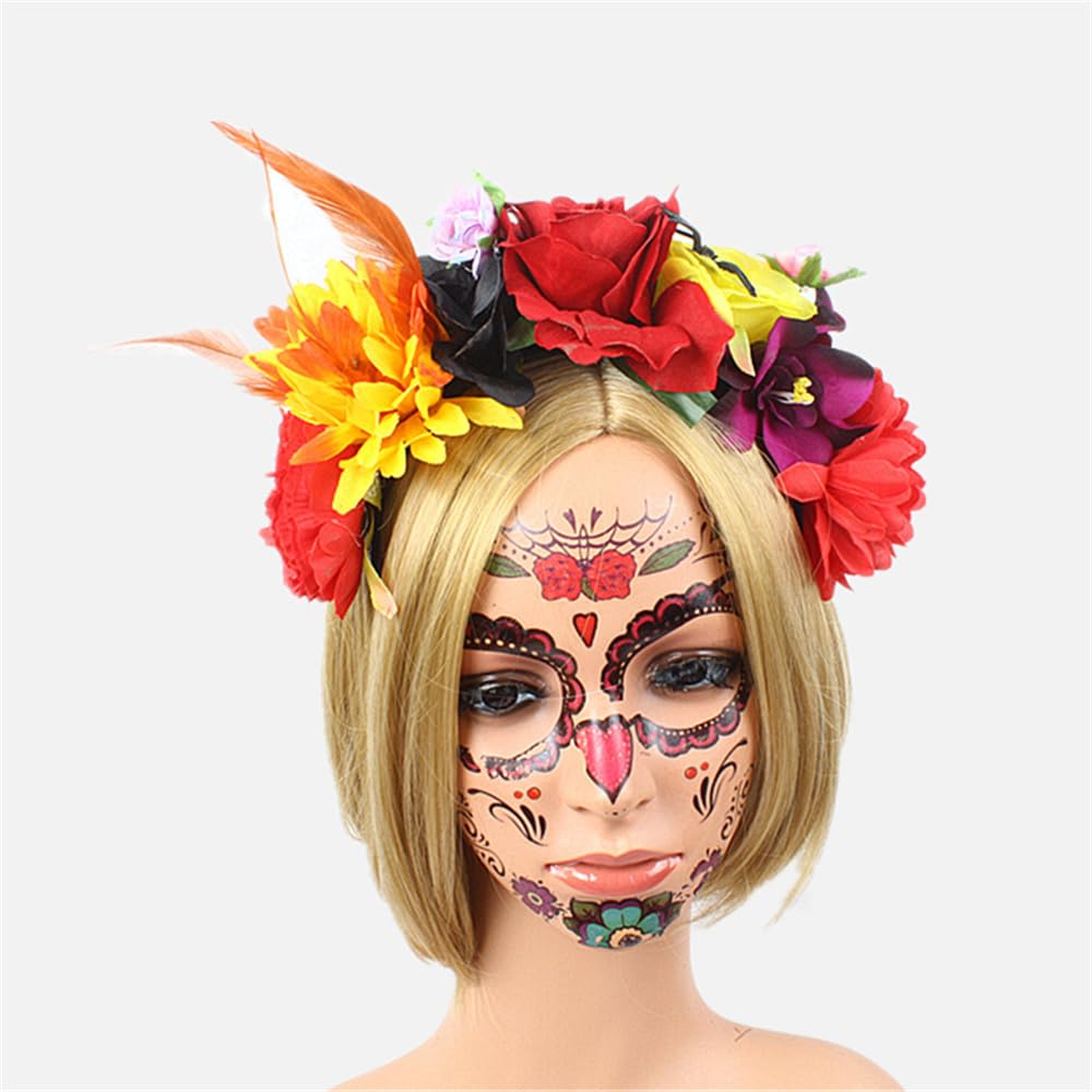 Bubbmi Mexican Flower Crown Headband with Feather, Day of the Dead Headpiece, Halloween Easter Festival Headwear, Dia De Los Muertos Hairhoop