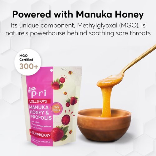 P.R.I Strawberry Manuka Honey Lollipops - Throat Soothing with Propolis & Menthol | 24 Individually Wrapped Pops